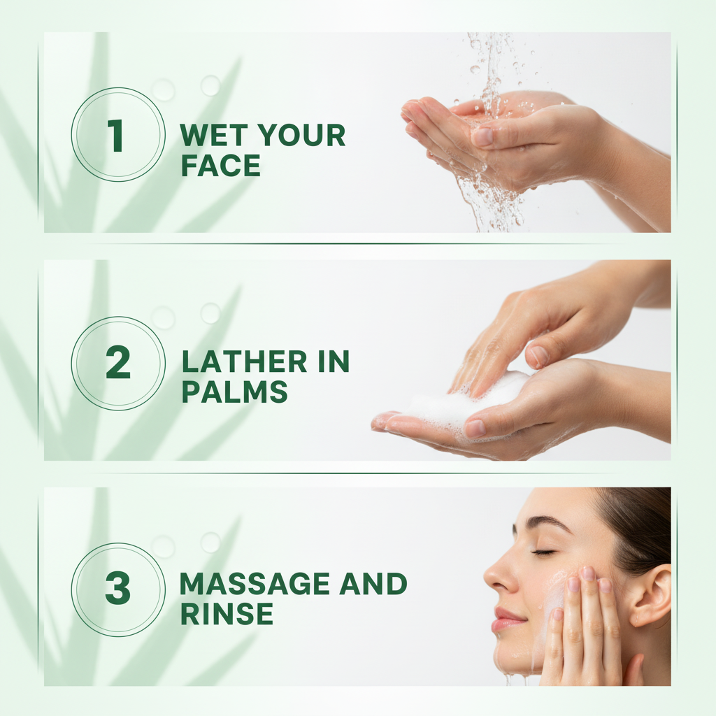 Aloe Vera Foaming Facial Cleanser — how to use in three steps: wet your face, lather in palms, massage and rinse