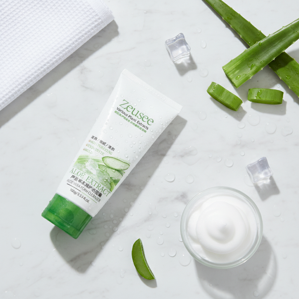Aloe Vera Foaming Facial Cleanser — editorial overhead flat lay with aloe leaves, foam and ice on marble