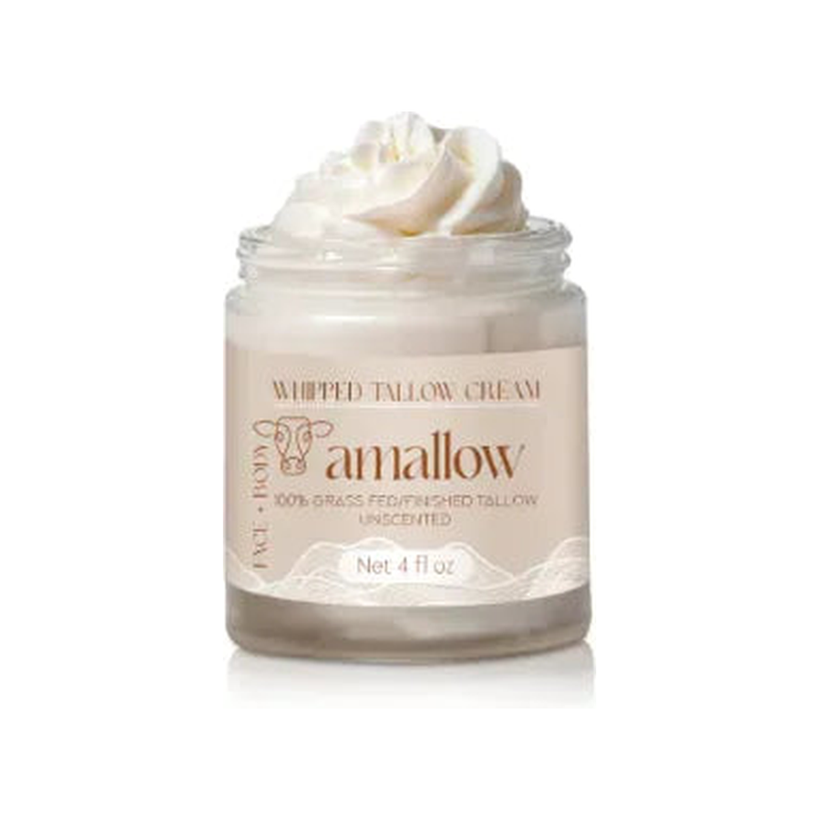 amallow Whipped Tallow Cream 4 fl oz jar alone on a pure white background with a soft studio shadow