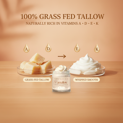 100% grass-fed tallow ingredient story — naturally rich in vitamins A, D, E, K