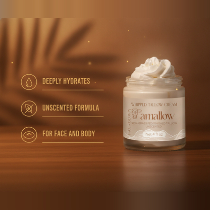 Whipped Tallow Cream key benefits — deeply hydrates, unscented, for face and body