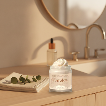 Whipped Tallow Cream styled on a bathroom vanity