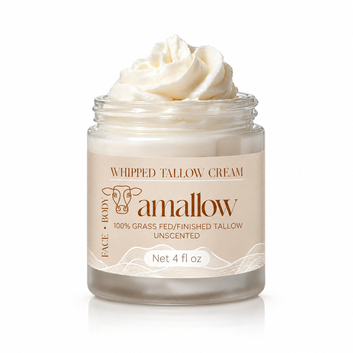 amallow Whipped Tallow Cream 4 fl oz jar, 100% grass fed/finished tallow, unscented, on white