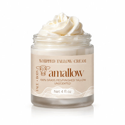 amallow Whipped Tallow Cream 4 fl oz jar, 100% grass fed/finished tallow, unscented, on white