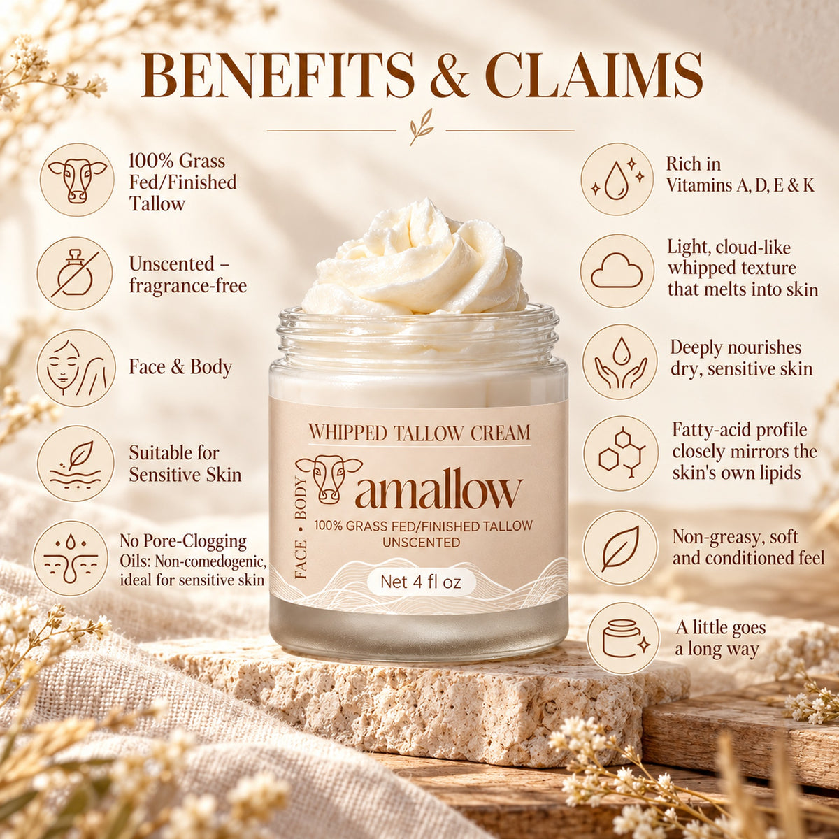 Whipped tallow cream benefits: unscented, suitable for sensitive skin, non-comedogenic, rich in vitamins A, D, E and K