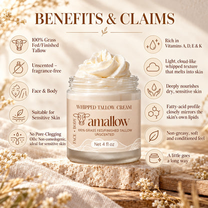 Whipped tallow cream benefits: unscented, suitable for sensitive skin, non-comedogenic, rich in vitamins A, D, E and K
