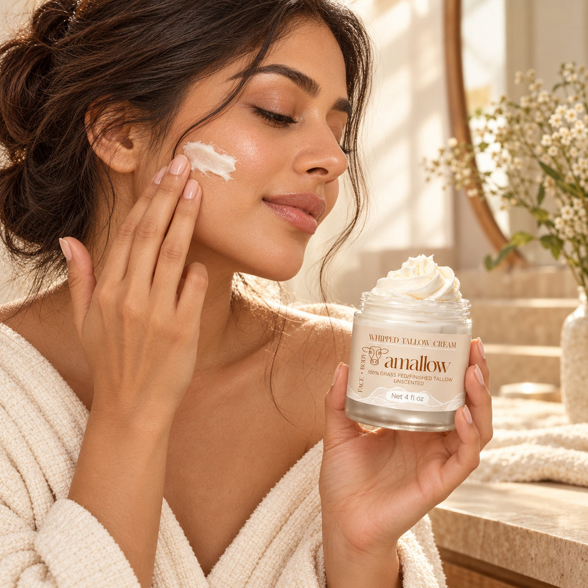 Woman applying whipped tallow cream to her cheek while holding the jar