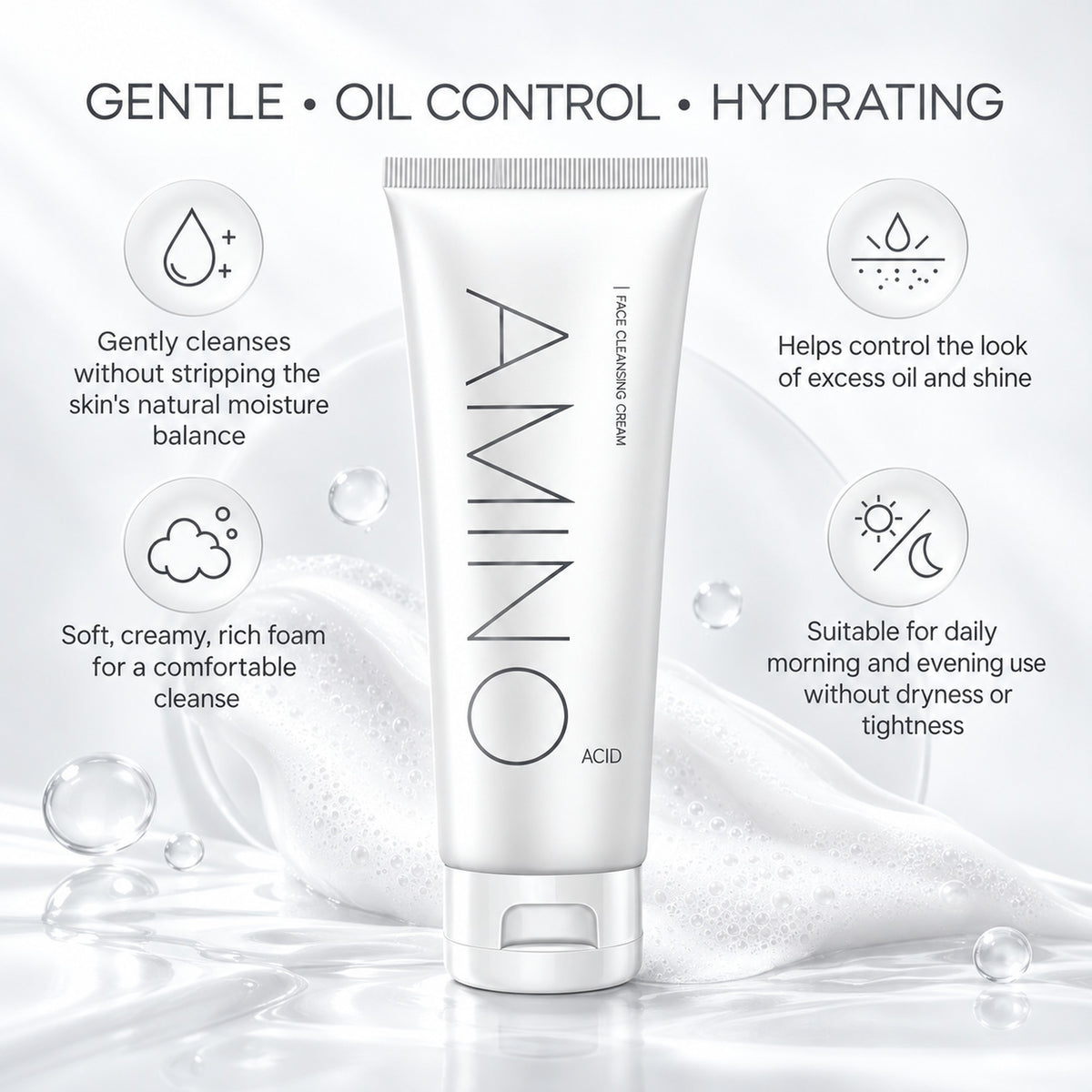 Gentle, oil control, hydrating amino acid facial foam cleanser for daily morning and evening use