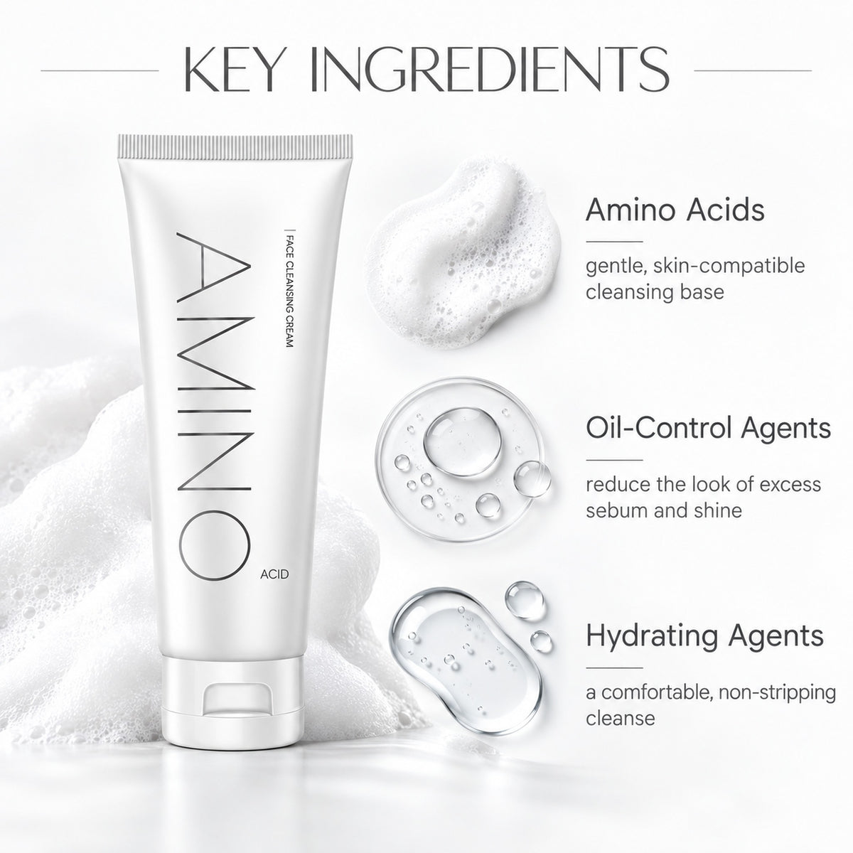 Key ingredients: amino acids, oil-control agents and hydrating agents