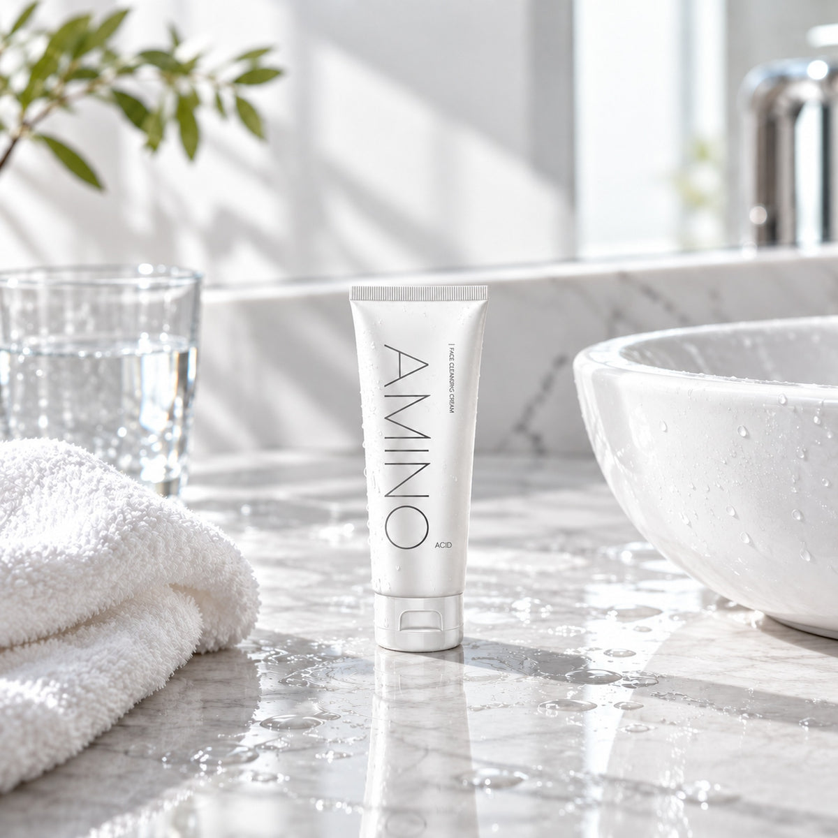AMINO ACID face cleanser on a white marble bathroom counter beside the basin