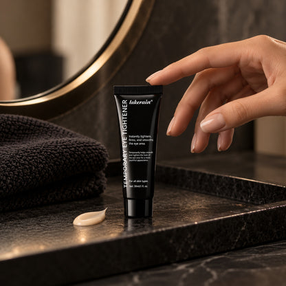 Eye tightener tube on a dark marble vanity with a beige cream swatch