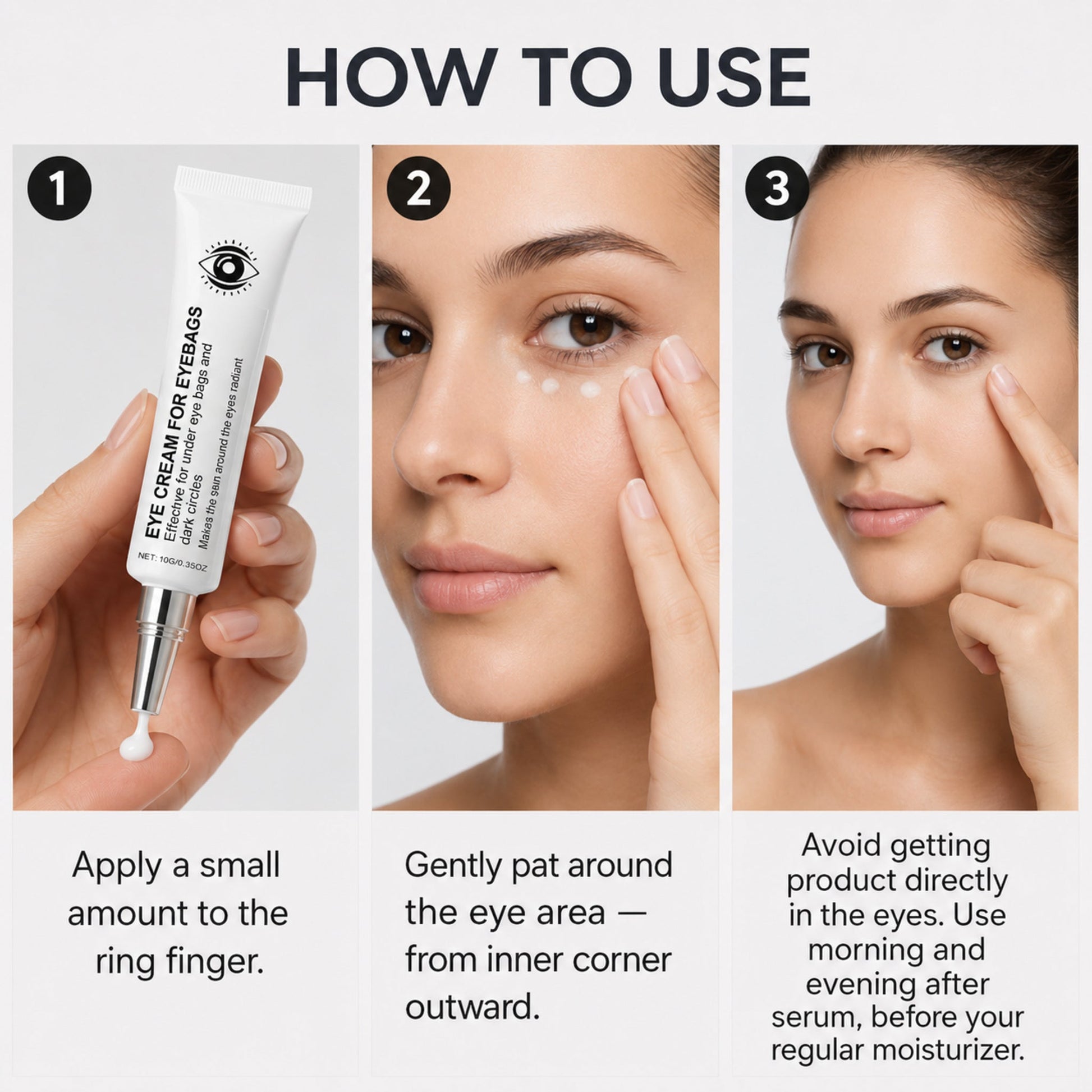 Anti-Aging Hydrating Eye Cream – Firming & Moisturizing Formula — photographic three-step how-to