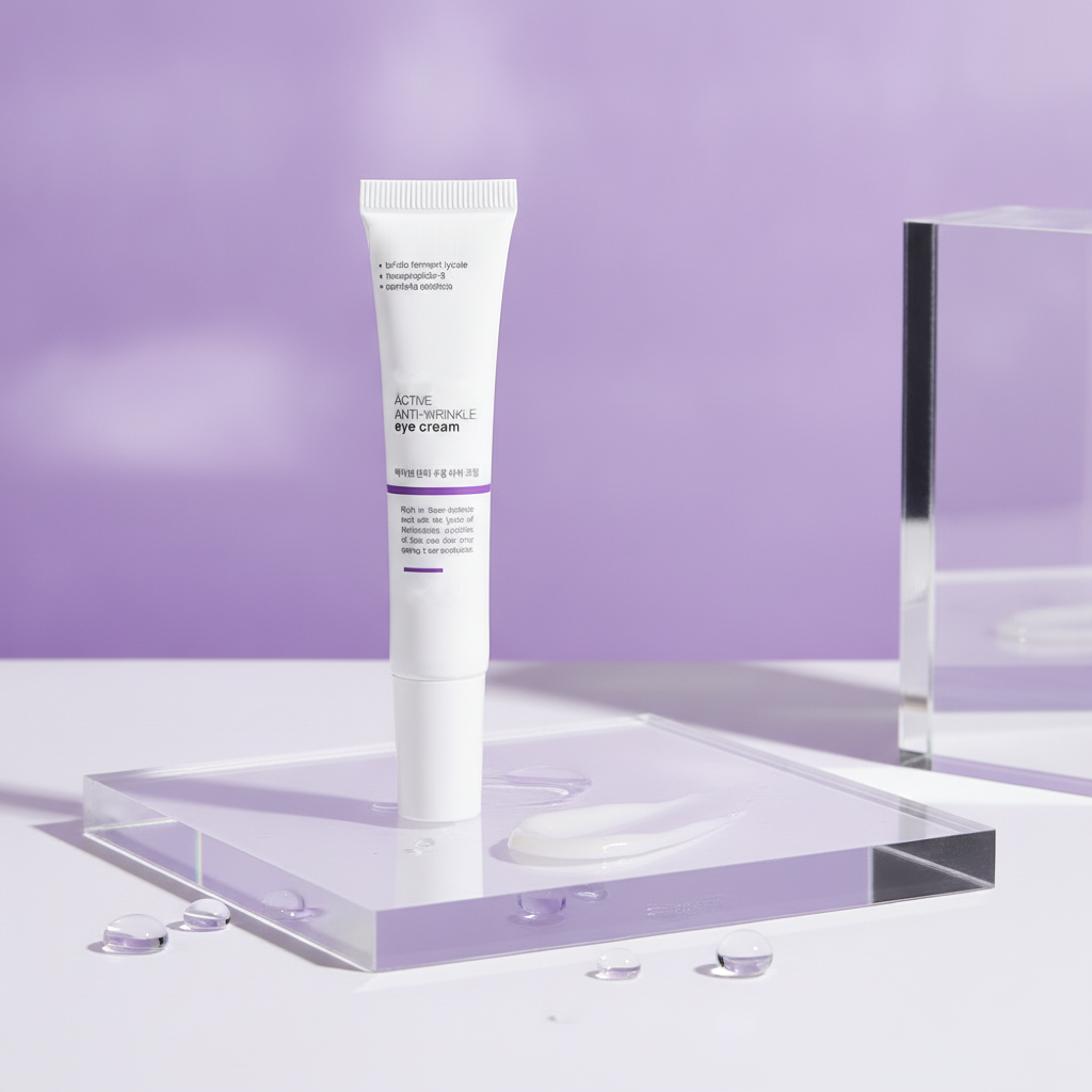 Hydrating Anti-Wrinkle Eye Cream — premium studio angle on acrylic podium with water droplets
