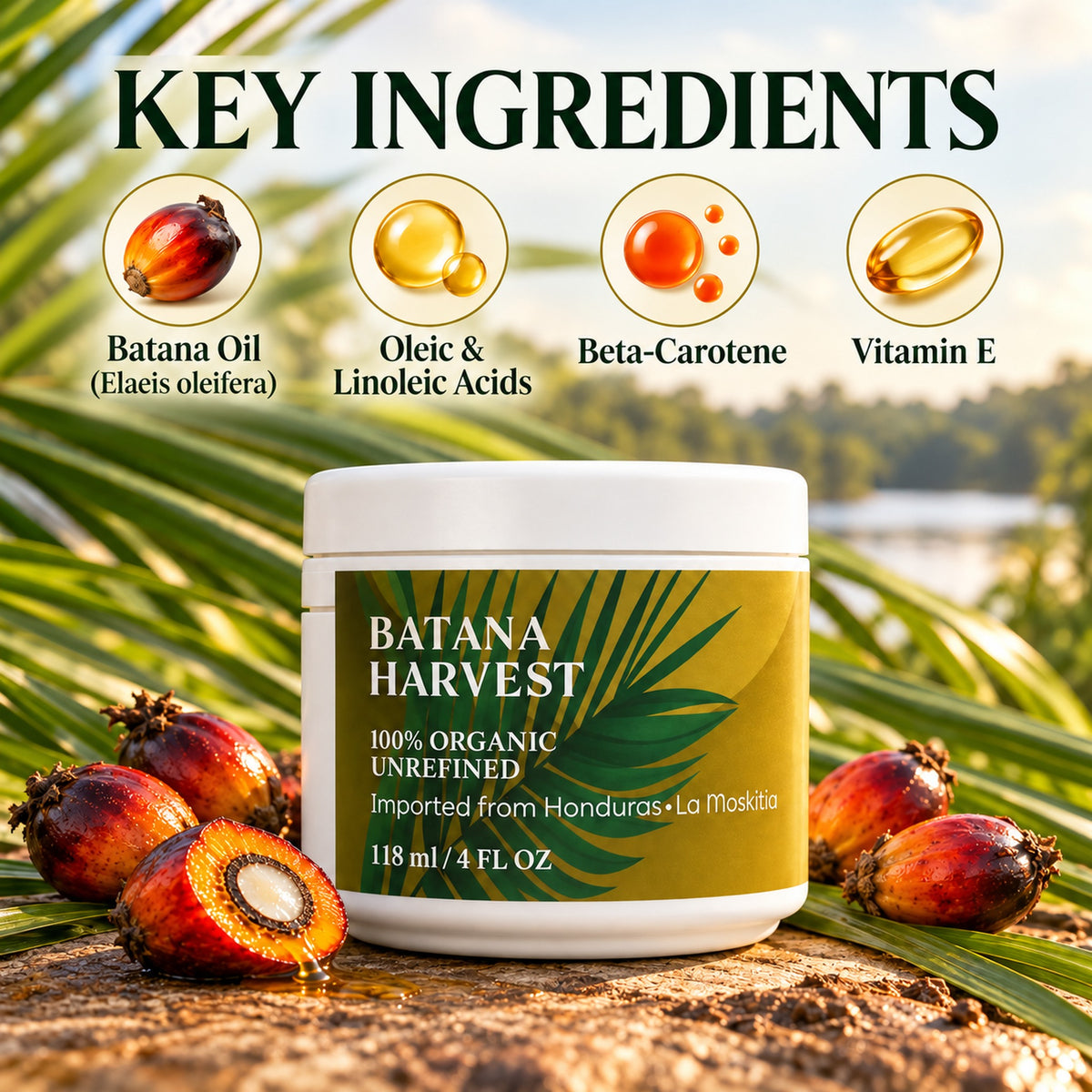 Key ingredients – batana oil (Elaeis oleifera), oleic and linoleic acids, beta-carotene, vitamin E