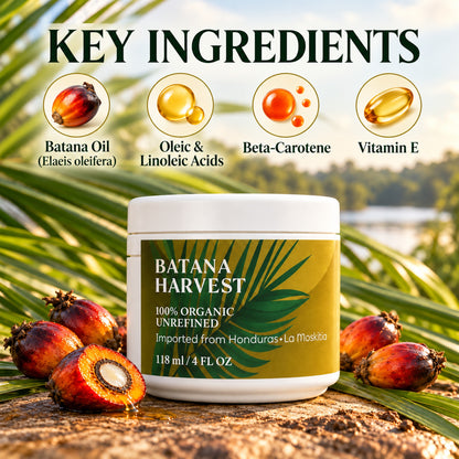 Key ingredients – batana oil (Elaeis oleifera), oleic and linoleic acids, beta-carotene, vitamin E