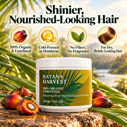 Shinier, nourished-looking hair – 100% organic and unrefined, cold-pressed in Honduras, no fillers, no fragrance