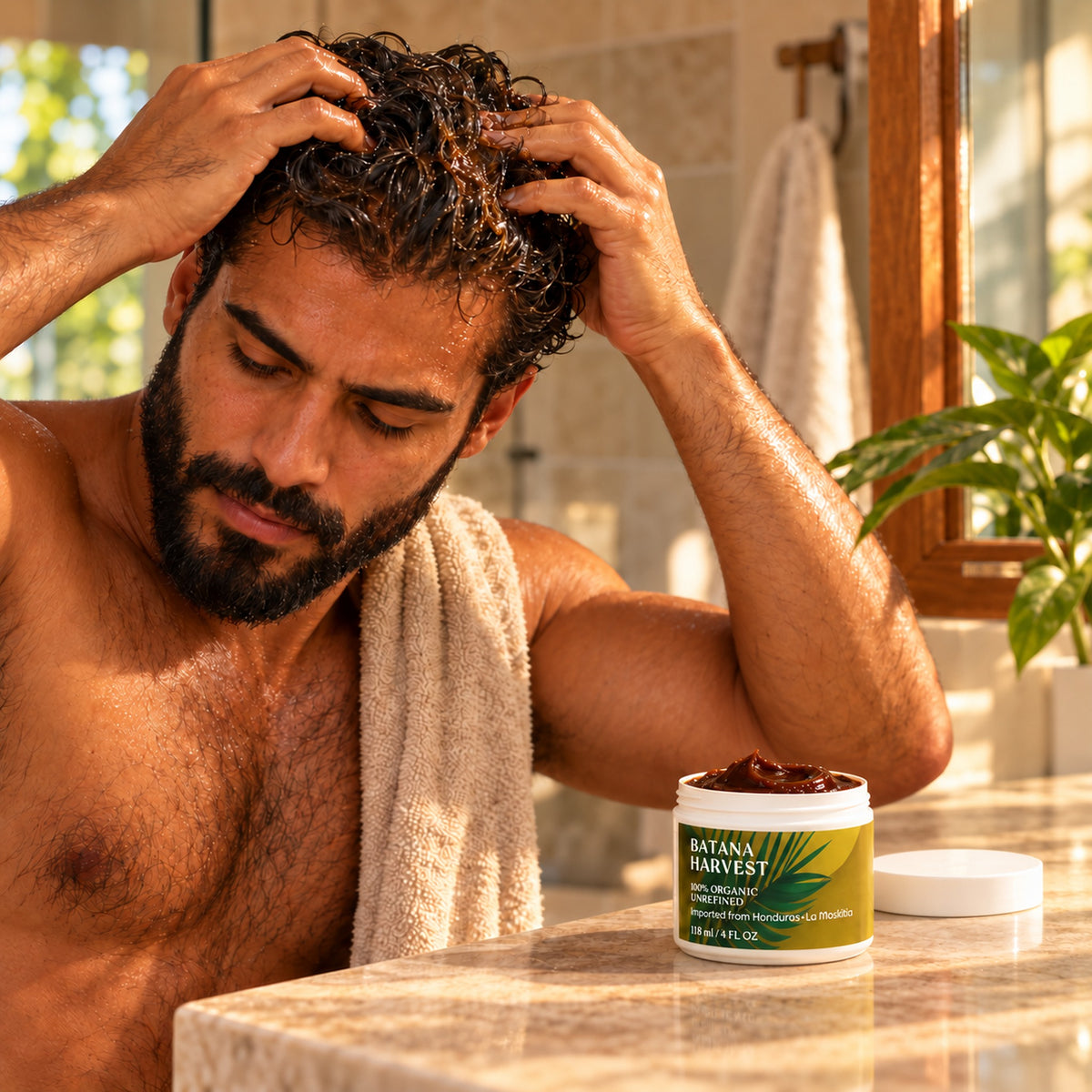 Bearded man massaging Batana Harvest batana into his scalp