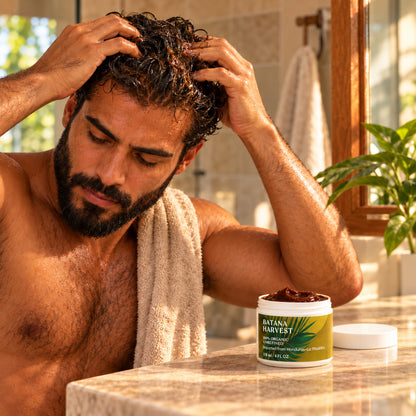Bearded man massaging Batana Harvest batana into his scalp