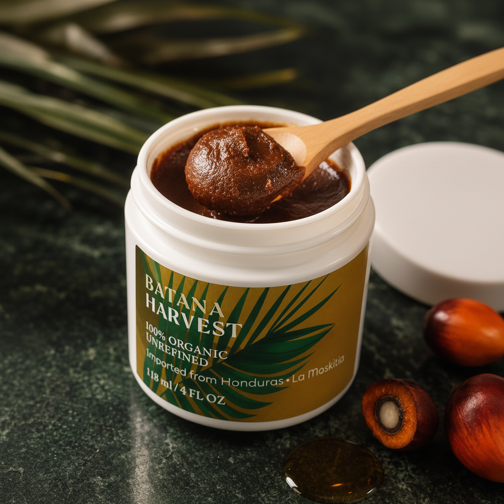 A jar of Batana Harvest 100% Organic Unrefined palm butter sits open on a dark countertop with a wooden spoon lifting some of the brown paste. The white jar has a mustard-yellow label with green palm leaves, and whole and halved brown palm nuts are placed nearby.