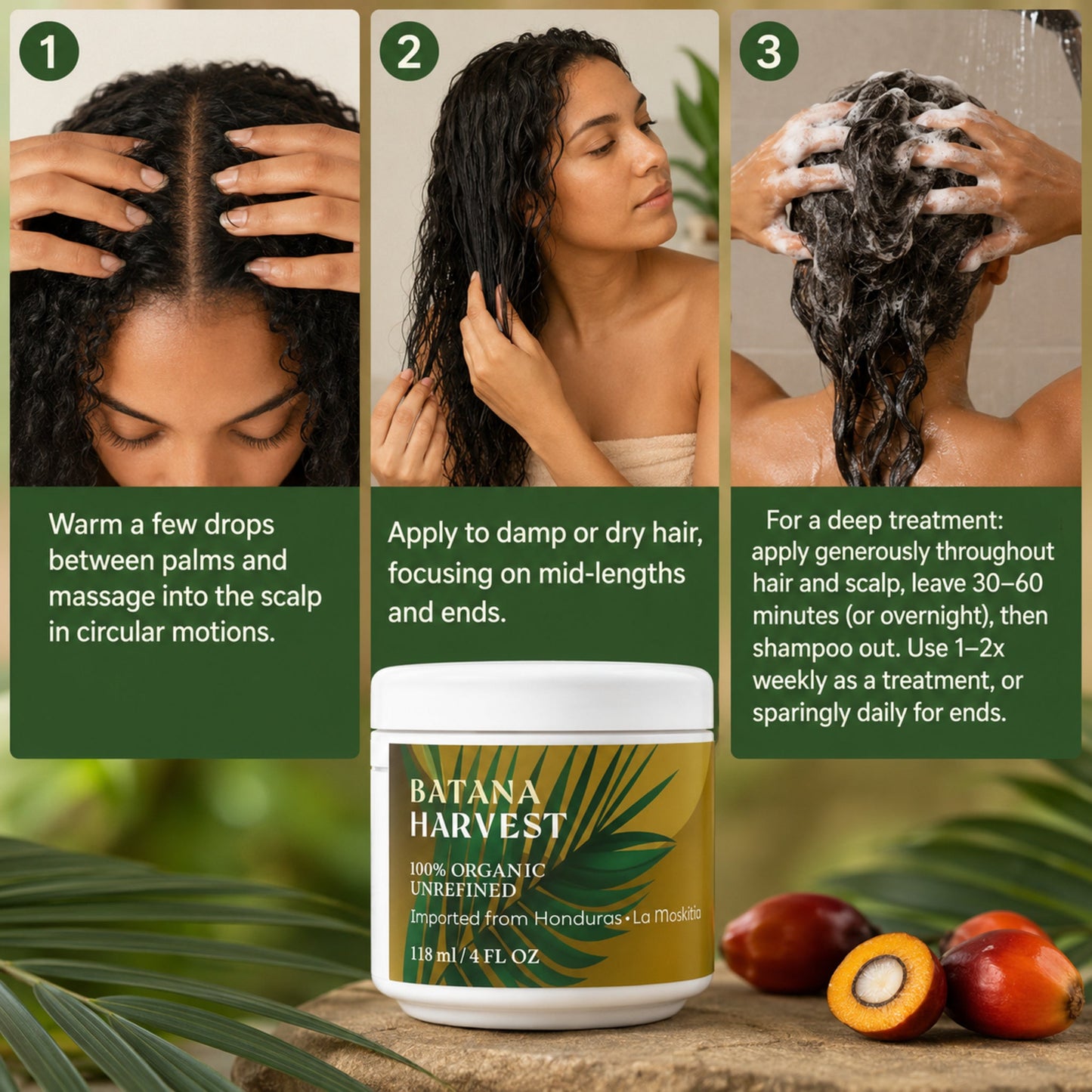 Artisan Organic Unrefined Batana Hair Oil – Deep Conditioning, 118ml — photographic three-step how-to