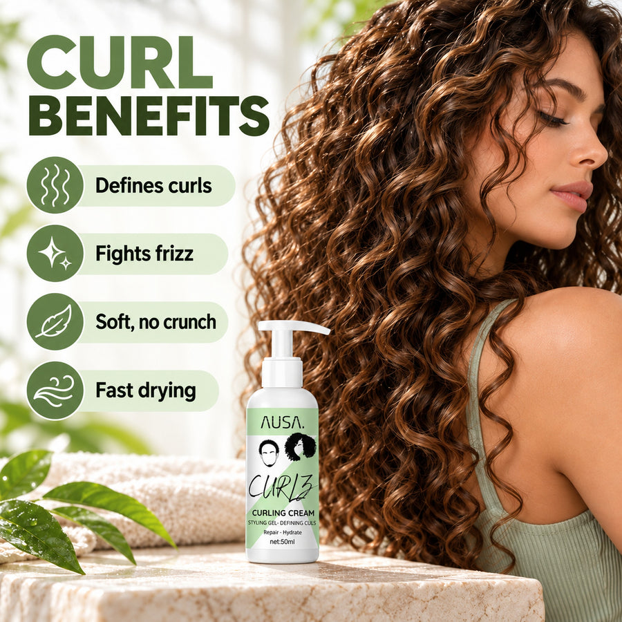 AUSA Curlz curling cream benefits: defines curls, fights frizz, soft with no crunch, fast drying