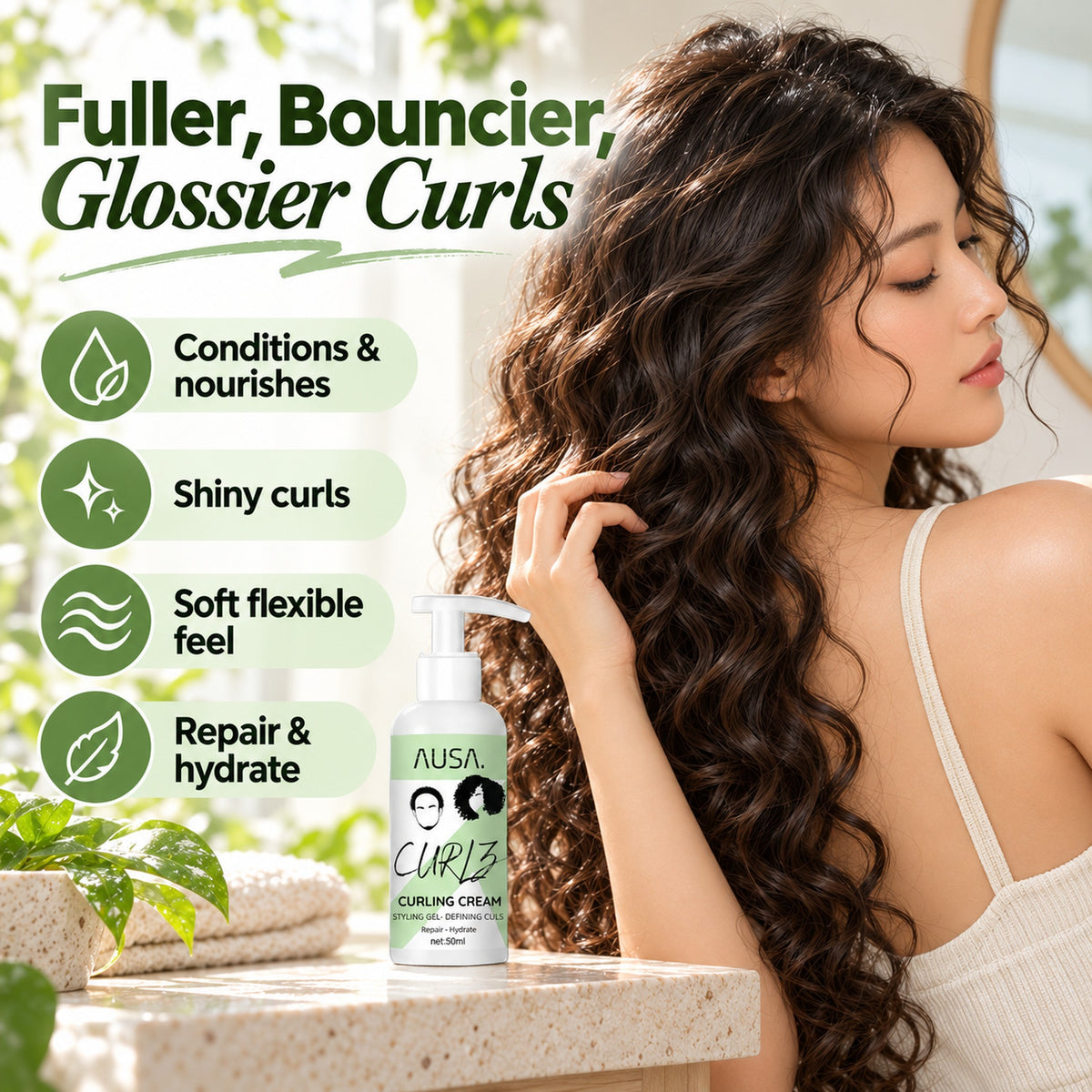 Fuller, bouncier, glossier curls with AUSA Curlz: conditions and nourishes, shiny curls, soft flexible feel, repair and hydrate