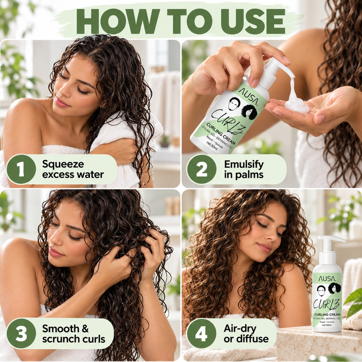 How to use AUSA Curlz curling cream: squeeze excess water, emulsify in palms, smooth and scrunch curls, air-dry or diffuse