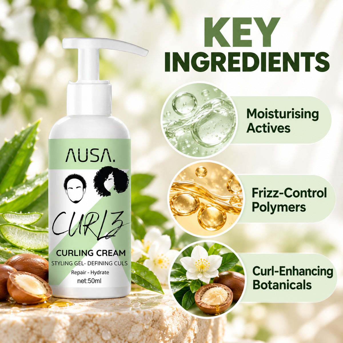 Key ingredients of AUSA Curlz curling cream: moisturising actives, frizz-control polymers, curl-enhancing botanicals