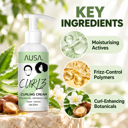 Key ingredients of AUSA Curlz curling cream: moisturising actives, frizz-control polymers, curl-enhancing botanicals
