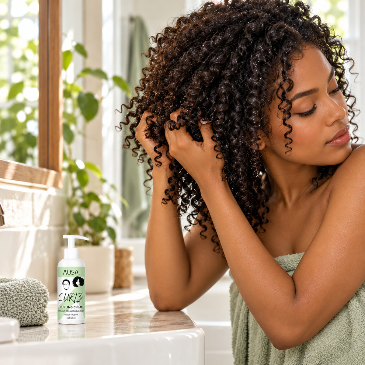 Woman scrunching defined coily curls with the AUSA Curlz 50 ml curling cream on the bathroom counter
