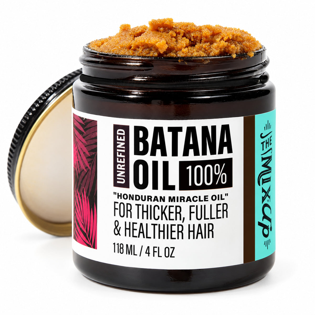 The Mix Cup Unrefined Batana Oil 100%, 118 ml amber jar with golden batana paste, on white