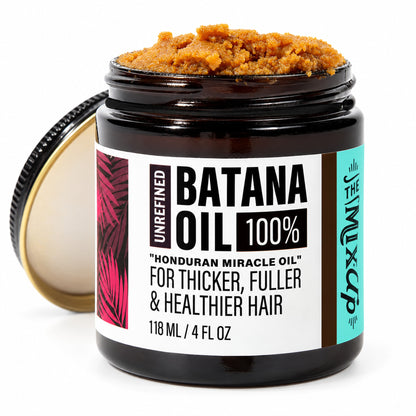The Mix Cup Unrefined Batana Oil 100%, 118 ml amber jar with golden batana paste, on white