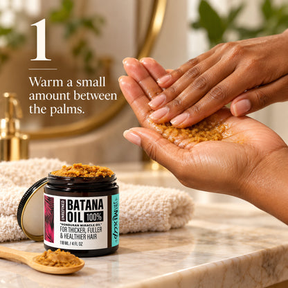 How to use, step 1: warm a small amount of batana oil between the palms