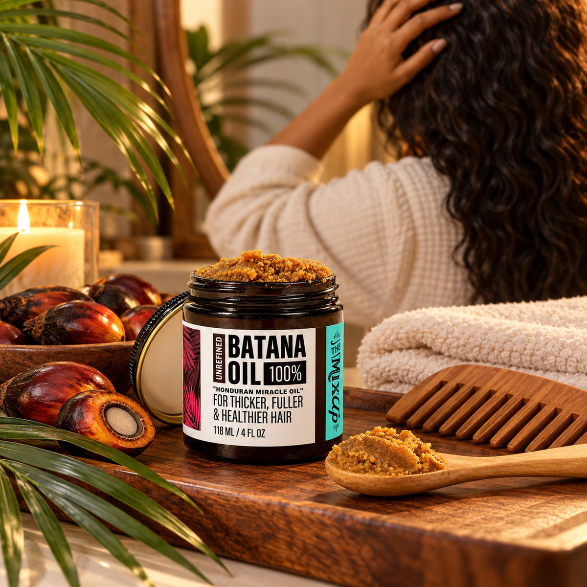 Unrefined batana oil jar on a wooden vanity tray with batana fruit, wooden spoon, comb and towel