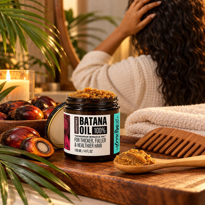 Unrefined batana oil jar on a wooden vanity tray with batana fruit, wooden spoon, comb and towel