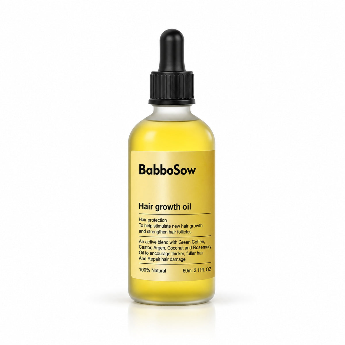 BabboSow Hair growth oil 60 ml dropper bottle with green coffee, castor, argan, coconut and rosemary oil, on white