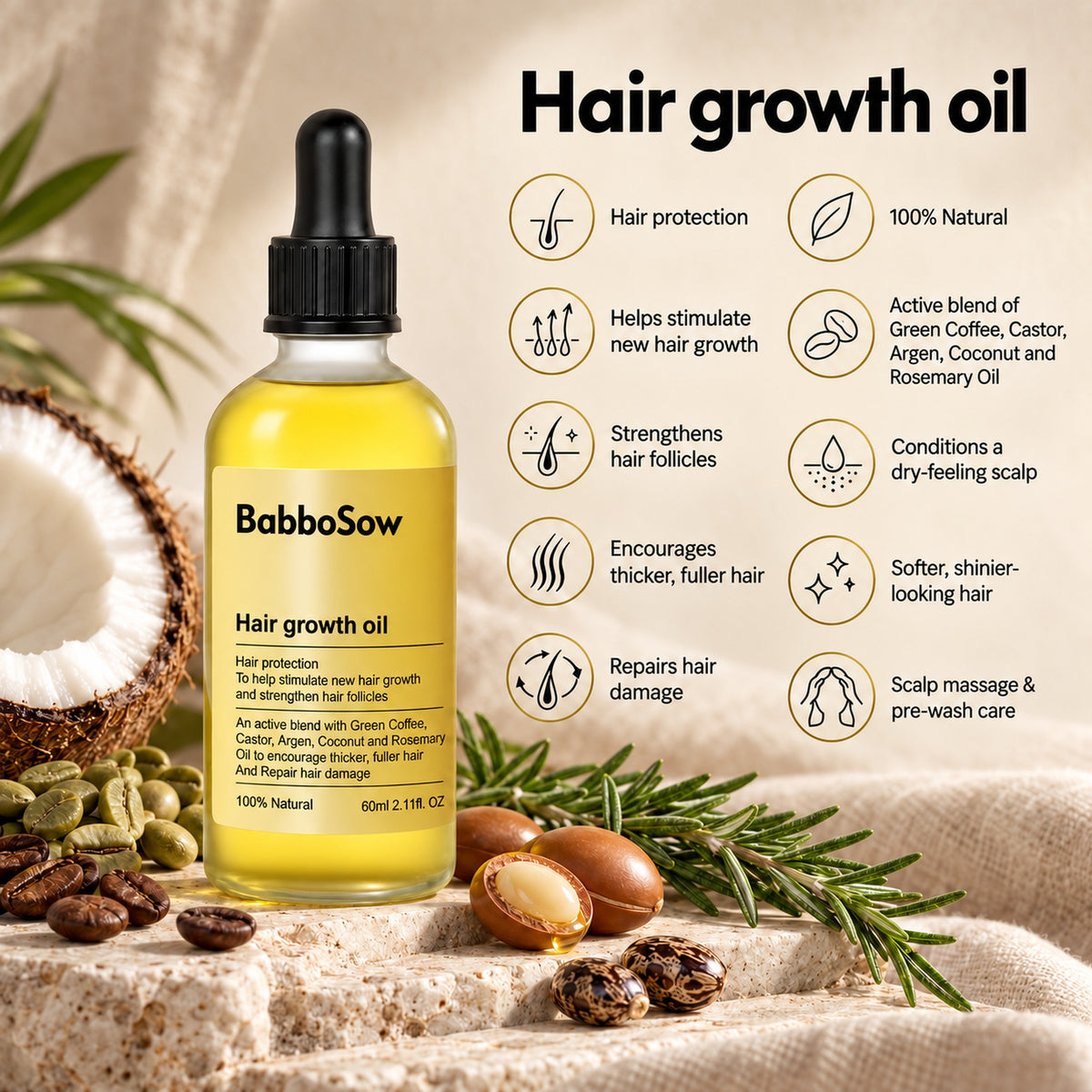 Hair growth oil benefits: helps stimulate new hair growth, strengthens follicles, thicker fuller hair, repairs hair damage, 100% natural