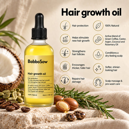 Hair growth oil benefits: helps stimulate new hair growth, strengthens follicles, thicker fuller hair, repairs hair damage, 100% natural