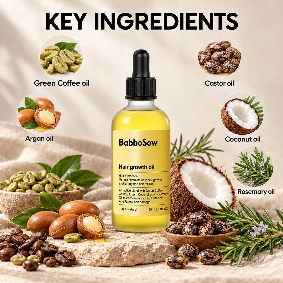 Key ingredients: green coffee, castor, argan, coconut and rosemary oil
