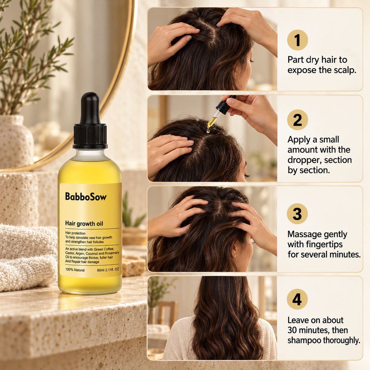 How to use the rosemary scalp oil in 4 steps: part, apply with dropper, massage, leave 30 minutes then shampoo