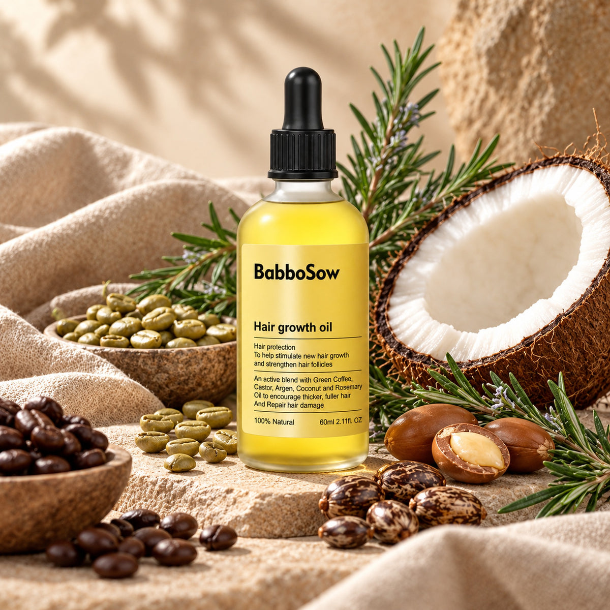 BabboSow hair growth oil with coconut, coffee beans, argan nuts, castor beans and rosemary