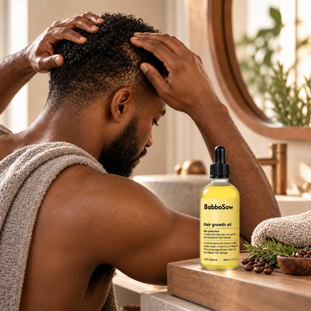 Man massaging rosemary hair oil into his scalp before washing