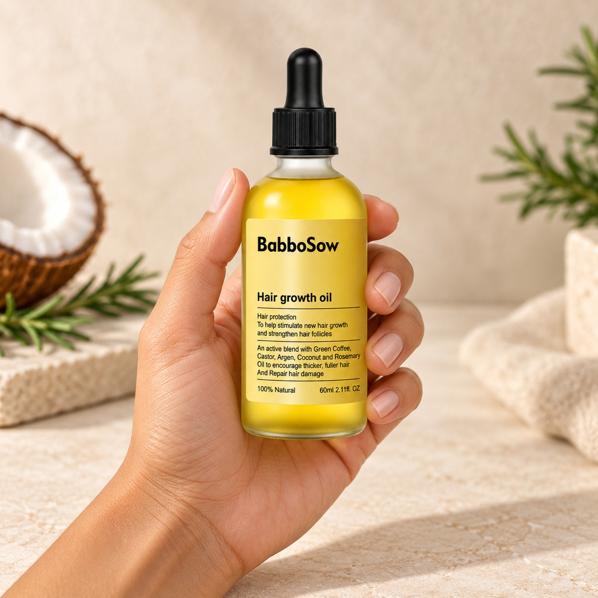 Hand holding the 60 ml BabboSow hair growth oil for size