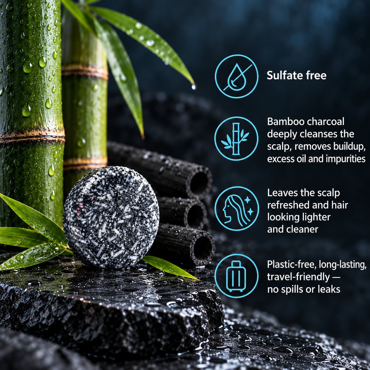 Bamboo charcoal shampoo bar benefits: sulfate free, deeply cleanses scalp, leaves hair lighter and cleaner, plastic-free and travel-friendly