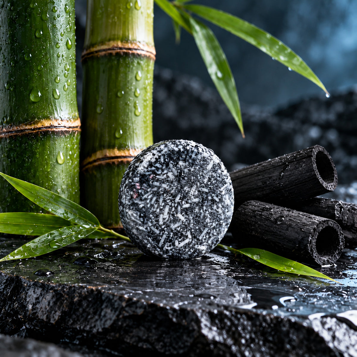 Bamboo charcoal shampoo bar on wet slate with bamboo stalks and charcoal