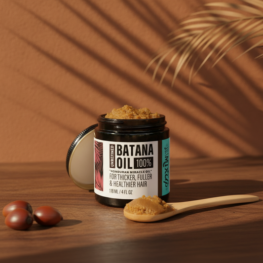 Unrefined Batana Oil — premium styled angle on walnut wood with palm shadows and oil palm fruits