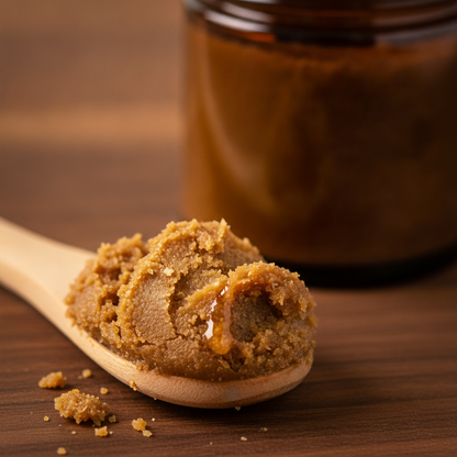Unrefined Batana Oil — macro detail of the raw grainy amber butter on a wooden spoon