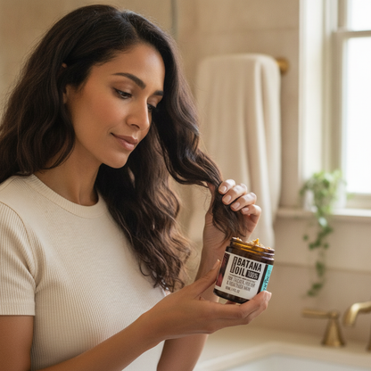 Unrefined Batana Oil — lifestyle photo of the oil being worked through long hair