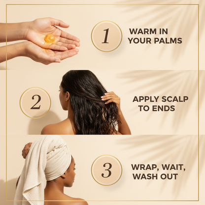 Unrefined Batana Oil — how to use in three steps: warm, apply scalp to ends, wrap and wash out