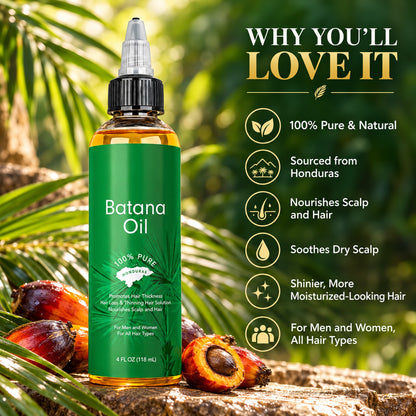 Why you'll love Batana Oil: 100% pure and natural, sourced from Honduras, nourishes scalp and hair, soothes dry scalp, shinier hair